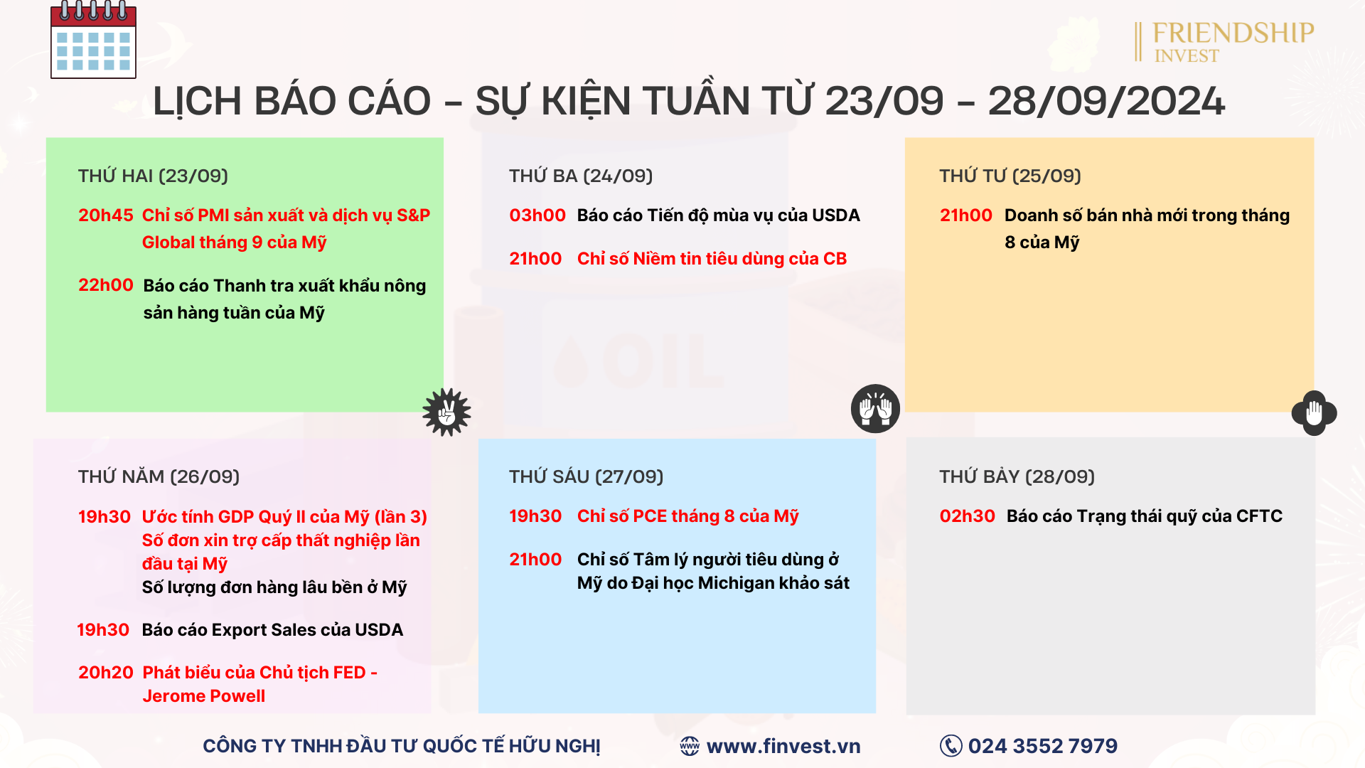 Lịch công bố các dữ liệu quan trọng trong tuần giao dịch từ ngày 23/09 - 28/09/2024