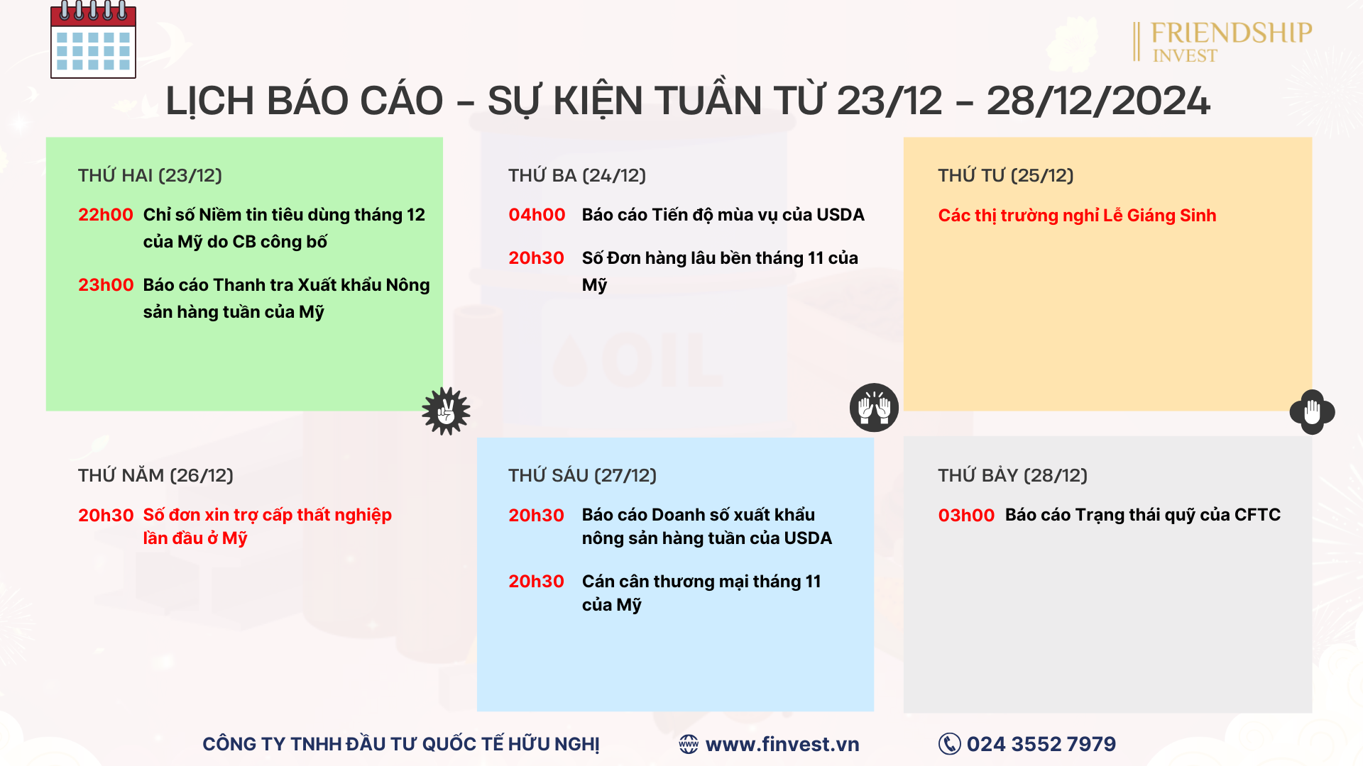 Lịch công bố các dữ liệu quan trọng trong tuần giao dịch từ ngày 23/12 - 28/12/2024.