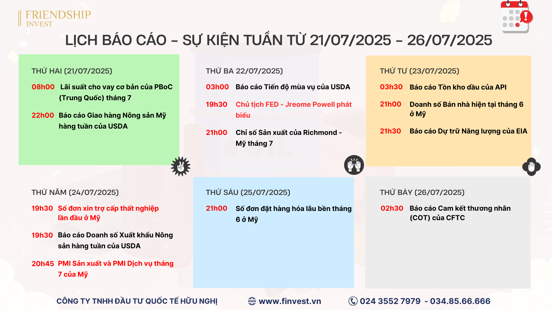 Lịch công bố các báo cáo/dữ liệu chính trong tuần giao dịch từ 21/07 - 26/07